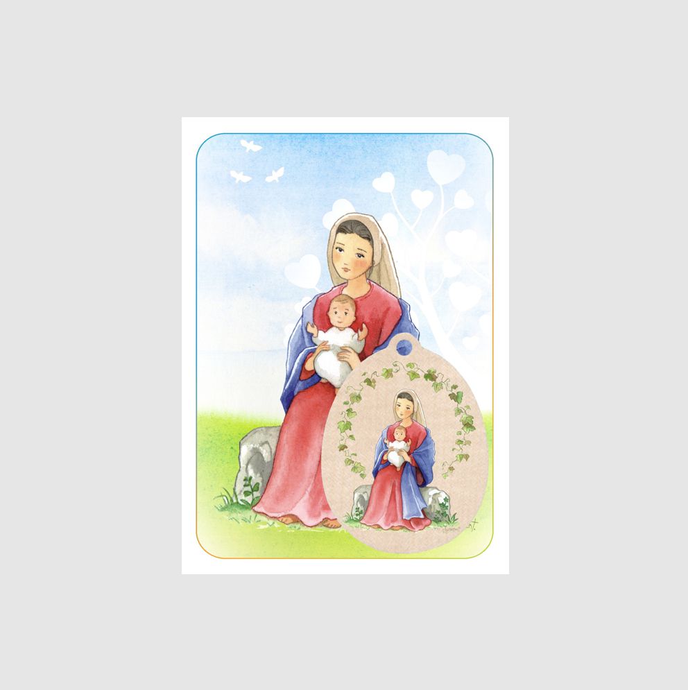 carte religieuse Vierge à l'enfant avec une petit médaillon en bois