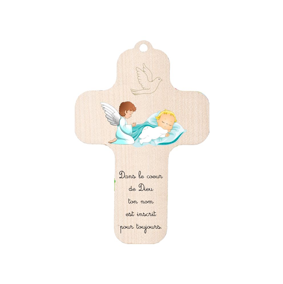 Croix de baptême - bébé et ange bleu en prière