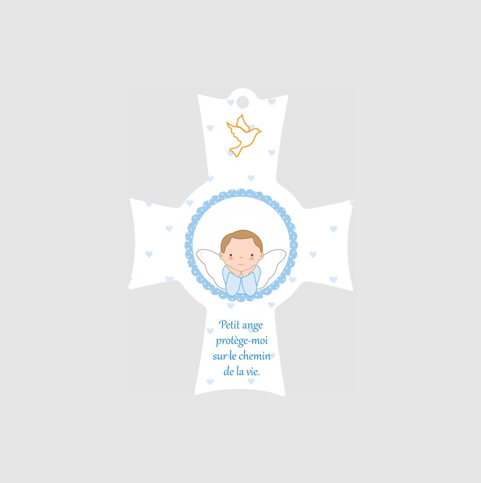 Croix de baptême ange bleu