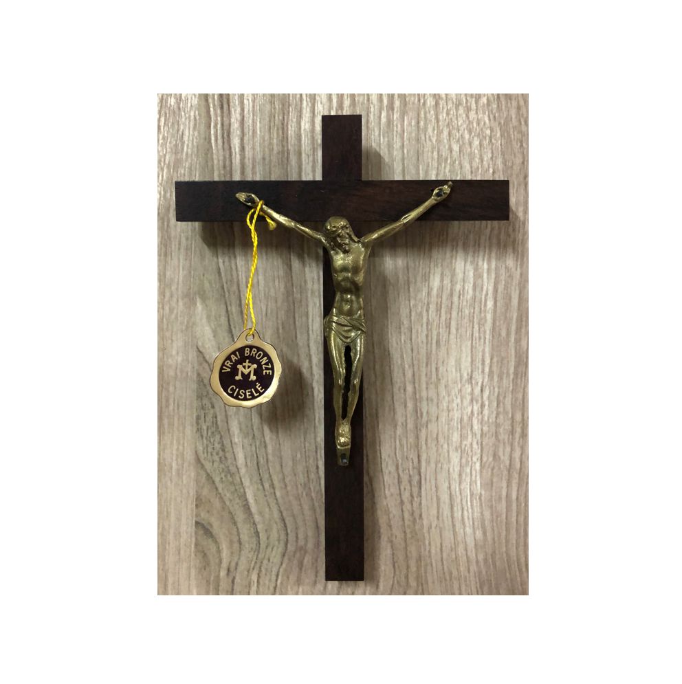 Christ bronze - Croix en bois 17 cm
